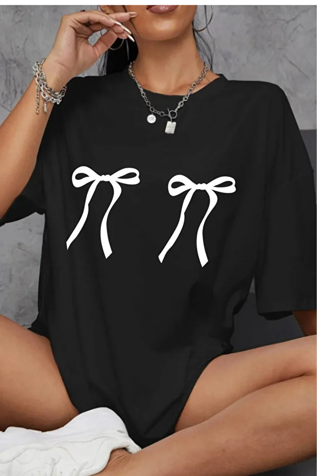 Unisex Erkek/Kadın KURDELE Renkli Özel Baskılı Oversize Pamuklu Bisiklet Yaka T-Shirt Tişört